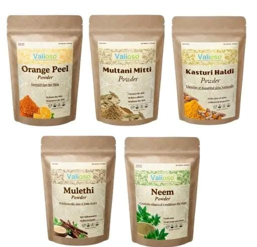 Allure Fashion 100% Natural Herbal Orange peel powder, Multani Mitti, kasturi Haldi, Mulethi Powder and Neem Powder (Pack of 5) Combo