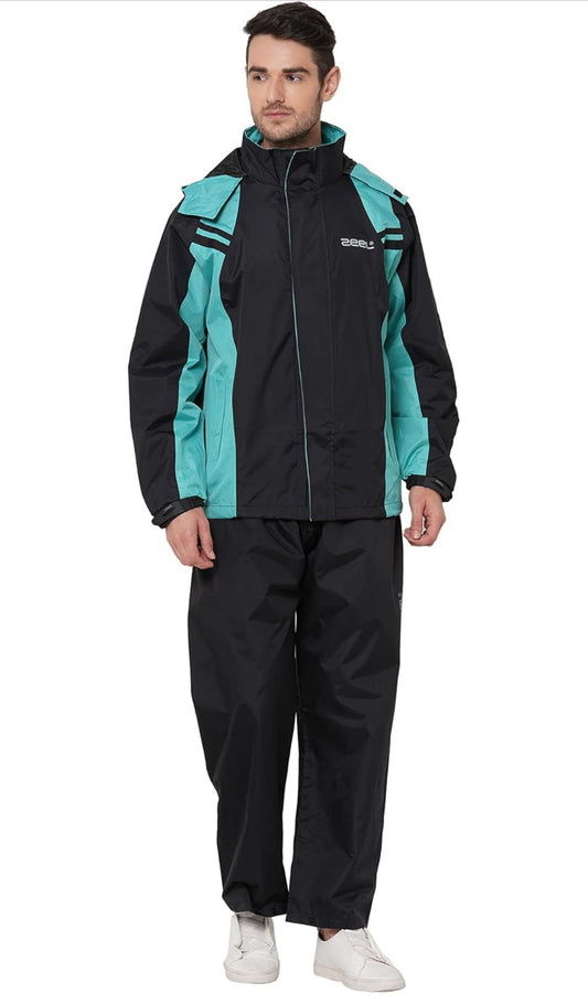 ZEEL Rain Coat for Men Waterproof for Bike Riders with Adjustable Hood along with inner pockets,Waterproof Raincoat with Polyester Jacket,Pants and Waterproof Drawstring JS 508