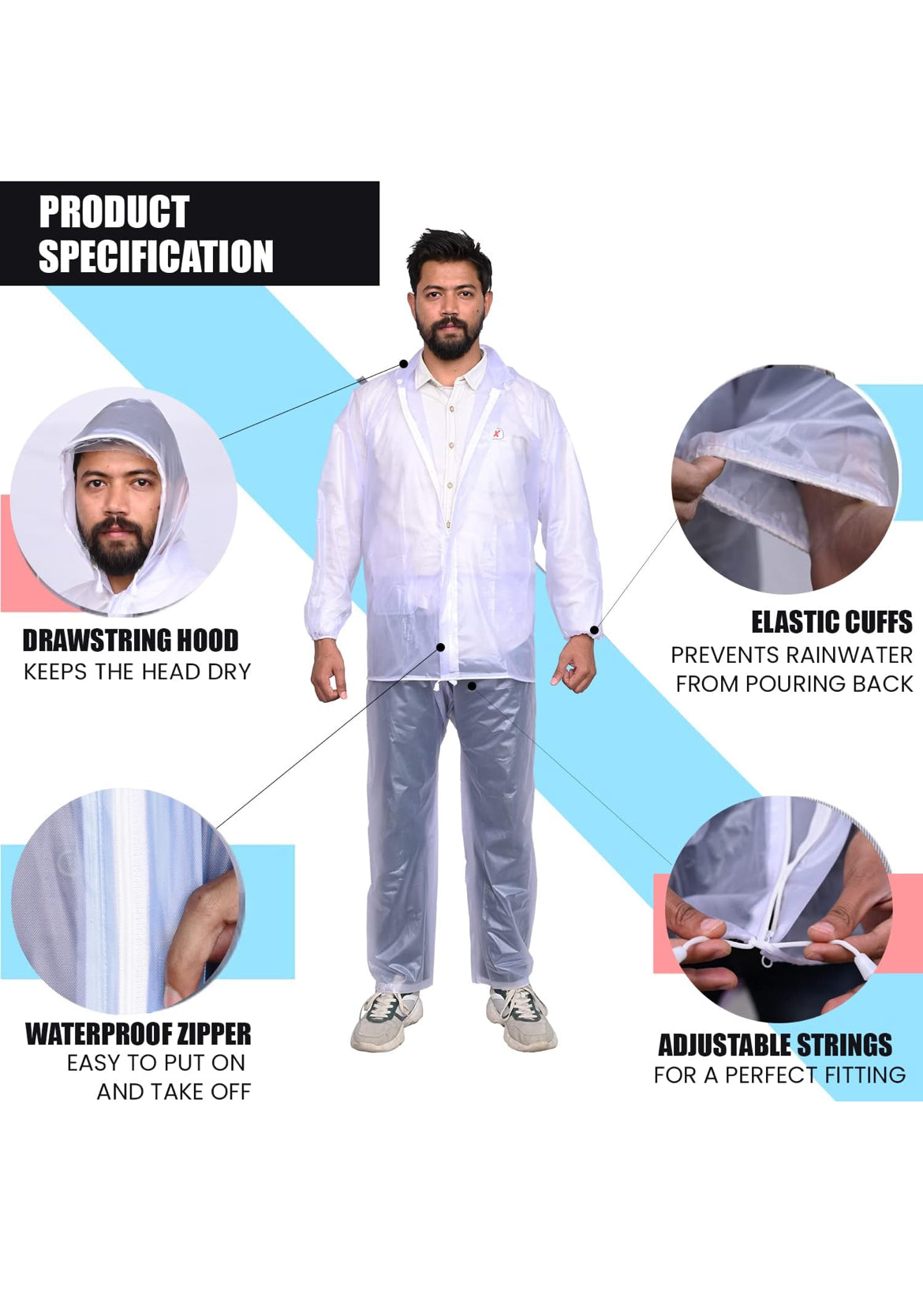 Allure Fashion Crystal Men Raincoat with Adjustable Hood Water Resistant Reusable Rainwear Drawstring Hem Set of Top & Bottom with Carrying Pouch (XXL)