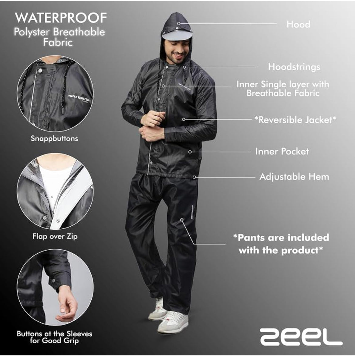ZEEL Waterfighter Rain Coat for Men Waterproof for Bike Riders with Adjustable Hood along with inner pockets,Waterproof Raincoat with Polyester Jacket,Pants