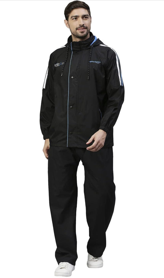 ZEEL waterfighter Rain Coat for Men Waterproof for Bike Riders with Adjustable Hood along with inner pockets,Waterproof Raincoat with Polyester Jacket,Pants and Waterproof Drawstring