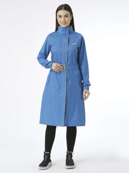 ZEEL Rain Coat for Women Waterproof High Neck Polyester Rainwear with Adjustable Drawstring and Pocket, Hooded Long Rain Coat Jacket with Belt,