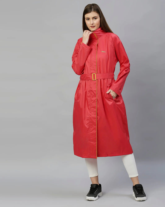 ZEEL Rain Coat for Women Waterproof High Neck Polyester Rainwear with Adjustable Drawstring and Pocket, Hooded Long Rain Coat Jacket with Belt,