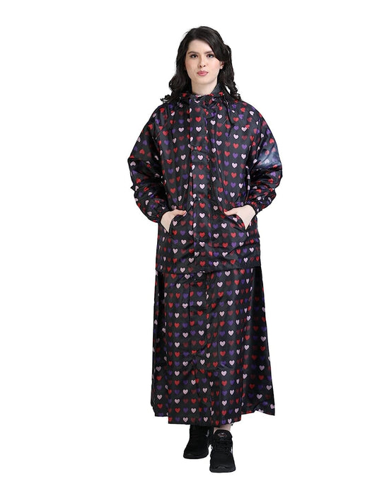 Allure Fashion Rain Coat for Women Waterproof High Neck Polyester Rainwear with Adjustable Drawstring and Pocket, Hooded Long Rain Coat Jacket with Belt,