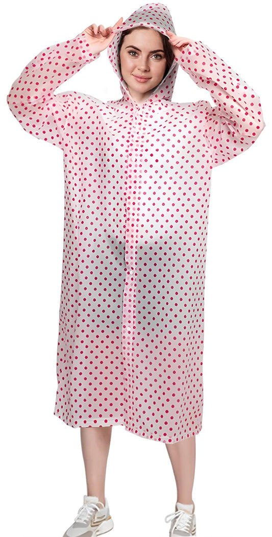 Allure Fashion pvc Rain Coat for Women Waterproof High Neck Polyester Rainwear with Adjustable Drawstring and Pocket, Hooded Long Rain Coat Jacket with Belt,