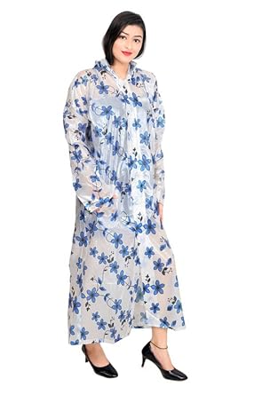 Allure Fashion pvc Rain Coat for Women Waterproof High Neck Polyester Rainwear with Adjustable Drawstring and Pocket, Hooded Long Rain Coat Jacket with Belt,