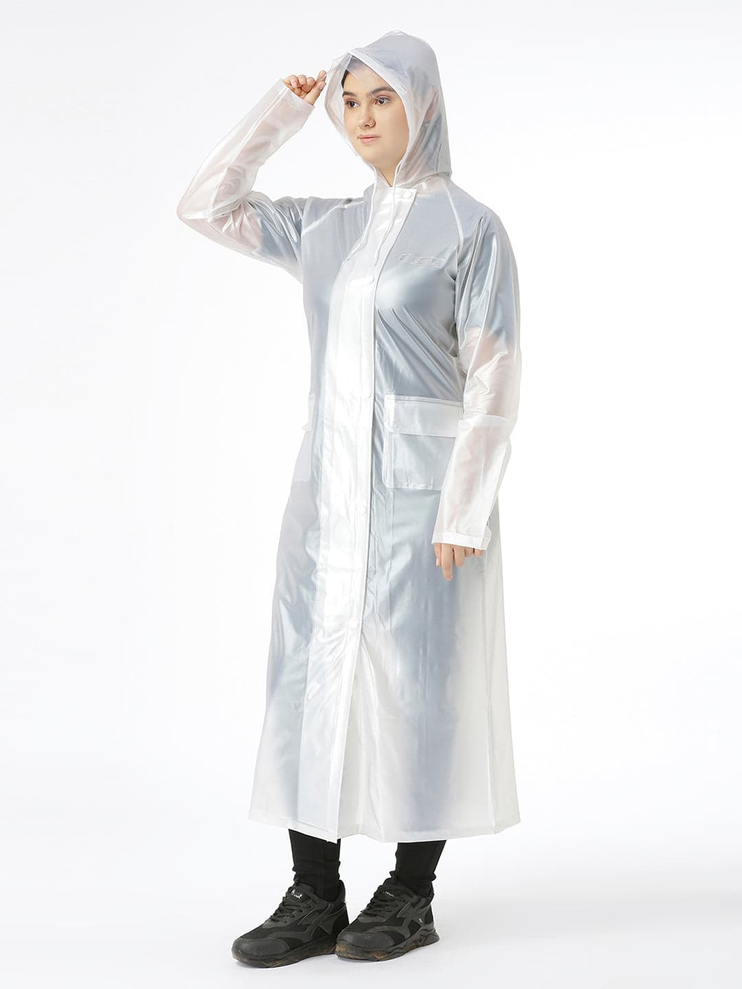 Allure Fashion pvc Rain Coat for Women Waterproof High Neck Polyester Rainwear with Adjustable Drawstring and Pocket, Hooded Long Rain Coat Jacket with Belt,