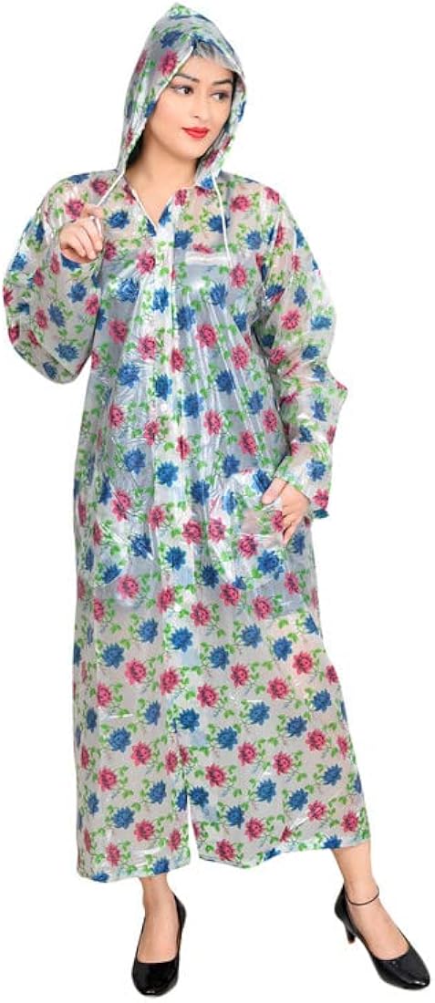 Allure Fashion pvc Rain Coat for Women Waterproof High Neck Polyester Rainwear with Adjustable Drawstring and Pocket, Hooded Long Rain Coat Jacket with Belt,