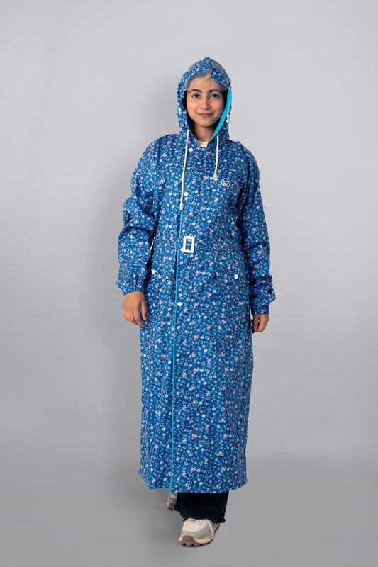 Allure Fashion Rain Coat for Women Waterproof High Neck Polyester Rainwear with Adjustable Drawstring and Pocket, Hooded Long Rain Coat Jacket with Belt,