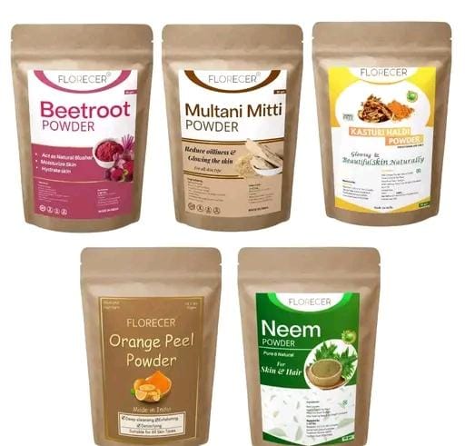 Allure Fashion 100% Natural Herbal Orange peel powder, Multani Mitti, kasturi Haldi, Mulethi Powder and Neem Powder (Pack of 5) Combo