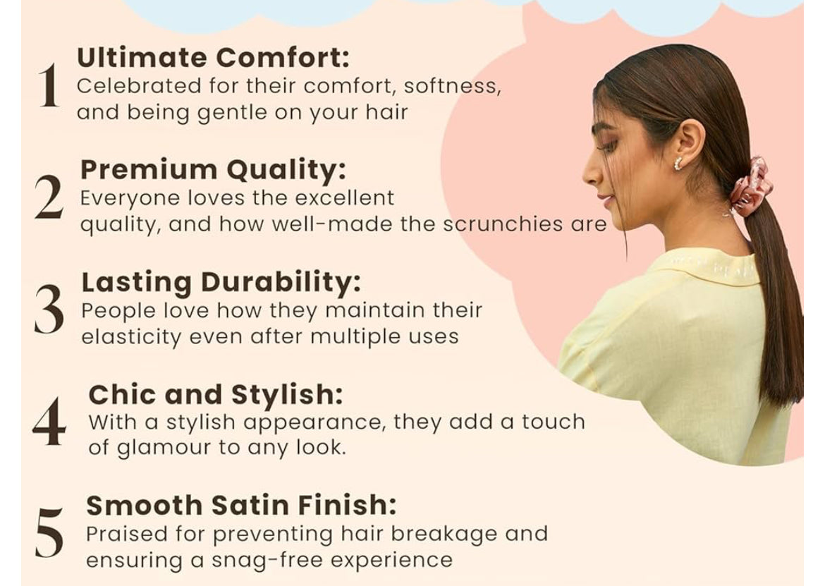 Allure Fashion Luxury Satin Scrunchies SAME 5 COLORS AS PIC, Anti-Hair-Breakage, Hair Ties, Scrunchies Set for Girls, Women, Best gift for Sister, Friend, Mom (Classic Shades)