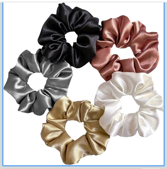 Allure Fashion Luxury Satin Scrunchies SAME 5 COLORS AS PIC, Anti-Hair-Breakage, Hair Ties, Scrunchies Set for Girls, Women, Best gift for Sister, Friend, Mom (Classic Shades)