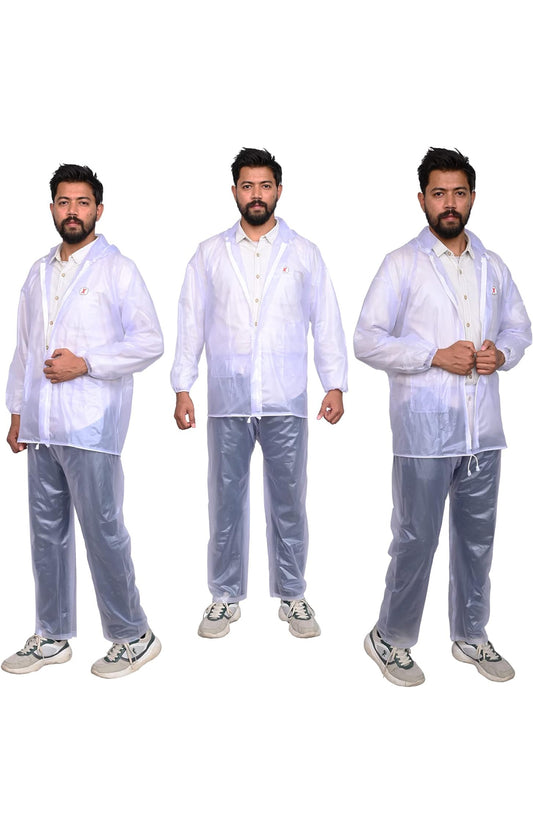 Allure Fashion Crystal Men Raincoat with Adjustable Hood Water Resistant Reusable Rainwear Drawstring Hem Set of Top & Bottom with Carrying Pouch (XXL)