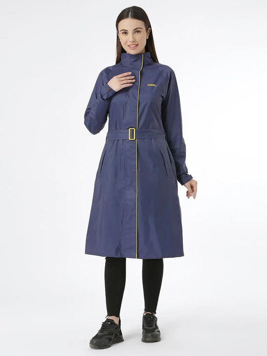 ZEEL Rain Coat for Women Waterproof High Neck Polyester Rainwear with Adjustable Drawstring and Pocket, Hooded Long Rain Coat Jacket with Belt,