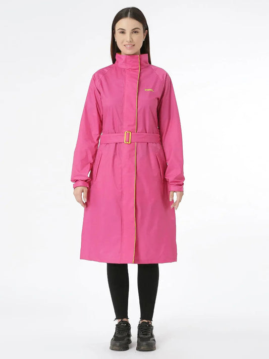 ZEEL Rain Coat for Women Waterproof High Neck Polyester Rainwear with Adjustable Drawstring and Pocket, Hooded Long Rain Coat Jacket with Belt,