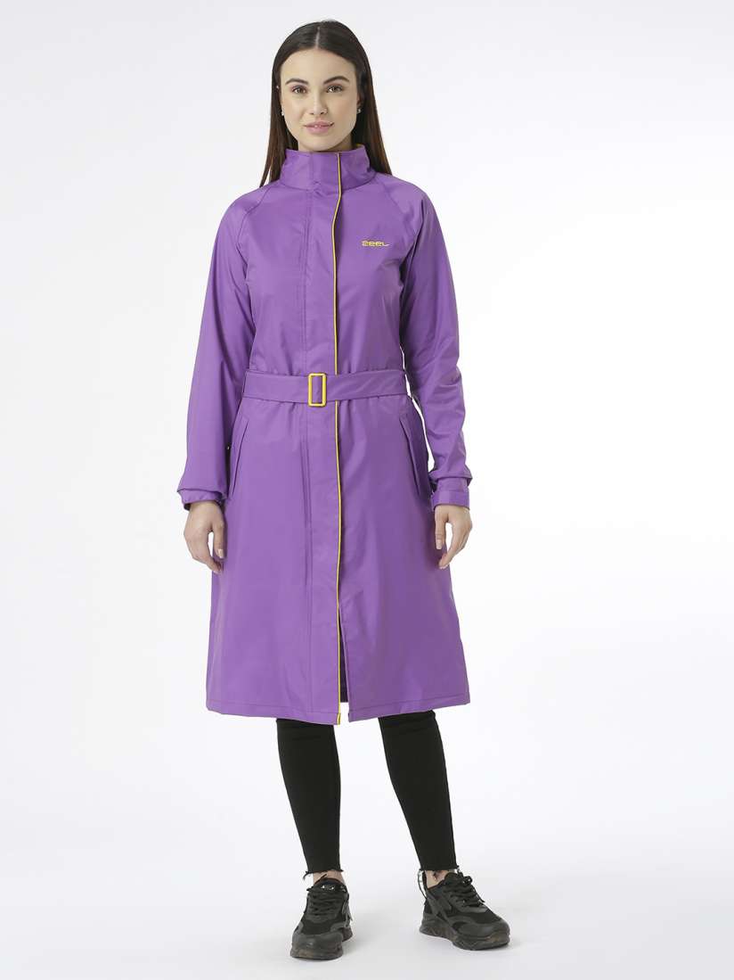 ZEEL Rain Coat for Women Waterproof High Neck Polyester Rainwear with Adjustable Drawstring and Pocket, Hooded Long Rain Coat Jacket with Belt,
