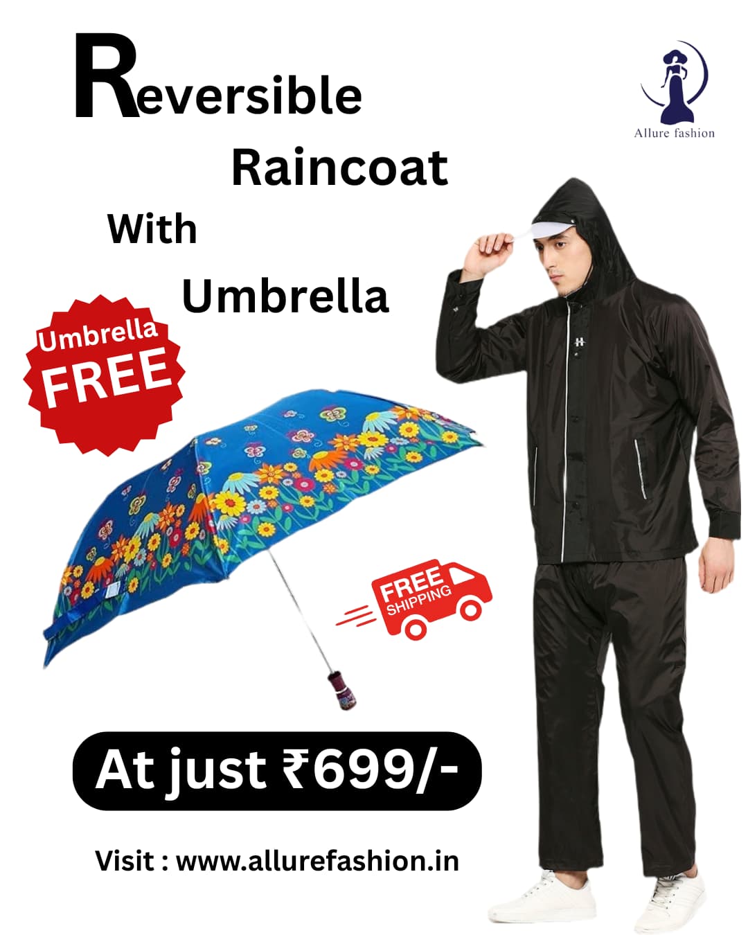 Allure Fashion Free Umbrella with Reversible Raincoat for unisex